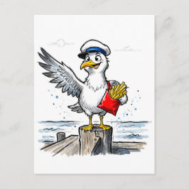 カモメのフレンチフライ強盗 海の墨絵イラスト ポストカード