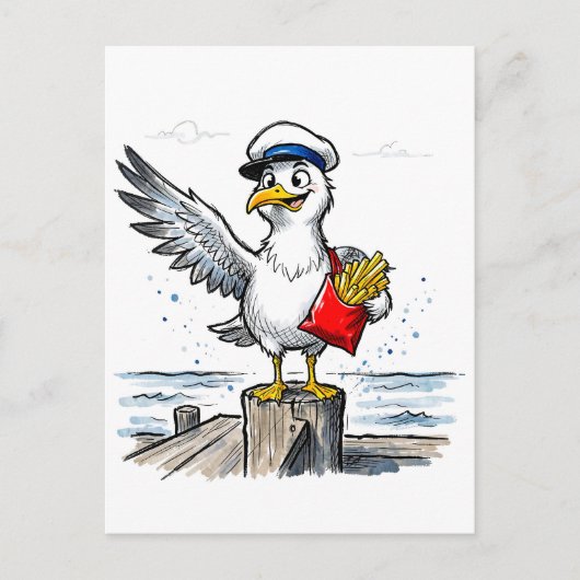 カモメのフレンチフライ強盗 海の墨絵イラスト ポストカード (正面)
