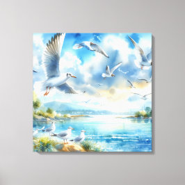 カモメの水色絵を描の キャンバスプリント