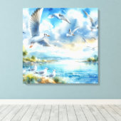 カモメの水色絵を描の キャンバスプリント (インサイチュ (ウッドフロア))