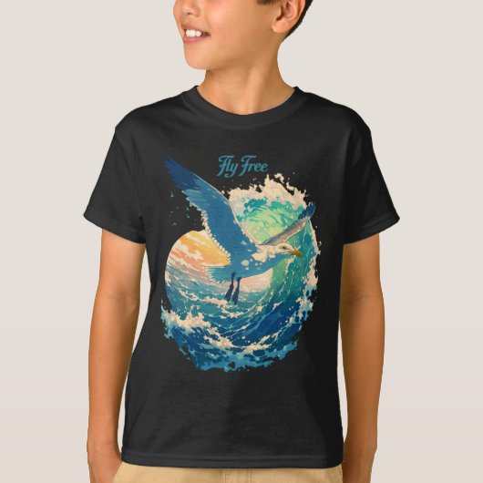 カモメの飛翔 海辺のサンセットシーン 海岸のパフォーマンス Tシャツ (正面)