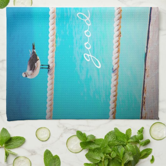 カモメの鳥ターコイズ海写真Good Vibes キッチンタオル (折り畳み)