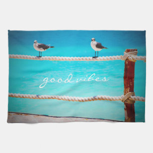カモメの鳥ターコイズ海写真Good Vibes キッチンタオル