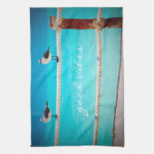 カモメの鳥ターコイズ海写真Good Vibes キッチンタオル (縦)