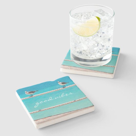 カモメの鳥ターコイズ海写真Good Vibes ストーンコースター (横)