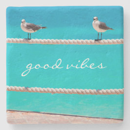 カモメの鳥ターコイズ海写真Good Vibes ストーンコースター