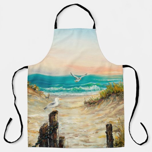 カモメを使った海ビーチ砂丘の油絵 エプロン (正面)
