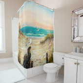 カモメを使った海ビーチ砂丘の油絵 シャワーカーテン (インサイチュ)