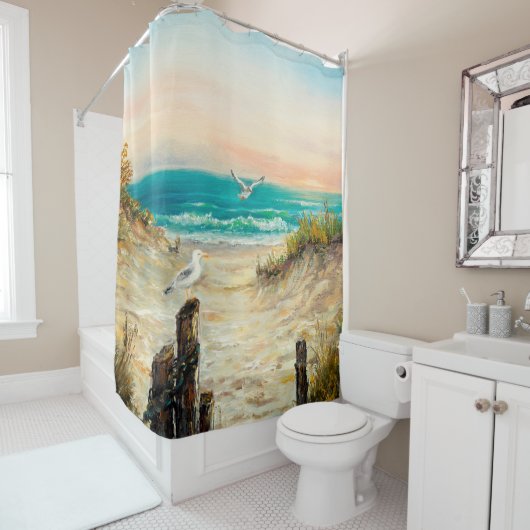  カモメを使った海ビーチ砂丘の油絵 シャワーカーテン (インサイチュ)