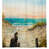  カモメを使った海ビーチ砂丘の油絵 シャワーカーテン (正面)