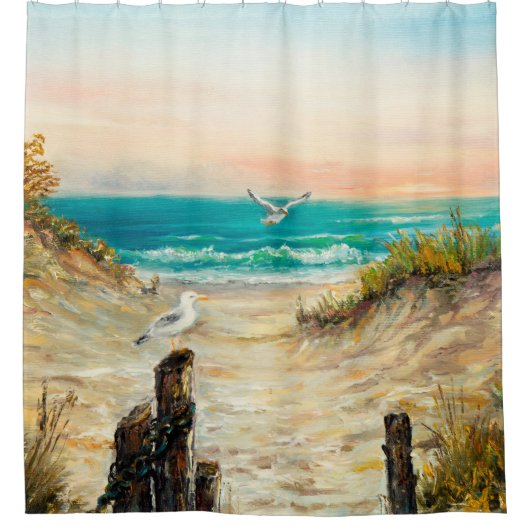  カモメを使った海ビーチ砂丘の油絵 シャワーカーテン (正面)