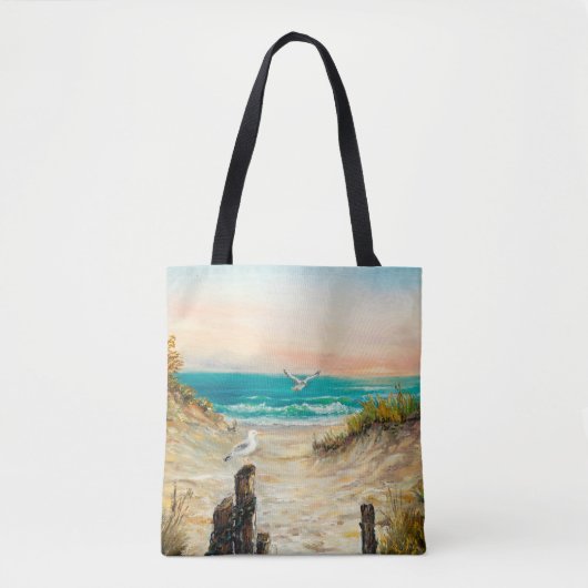 カモメを使った海ビーチ砂丘の油絵 トートバッグ (正面)