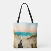カモメを使った海ビーチ砂丘の油絵 トートバッグ (裏面)