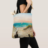 カモメを使った海ビーチ砂丘の油絵 トートバッグ (クローズアップ)