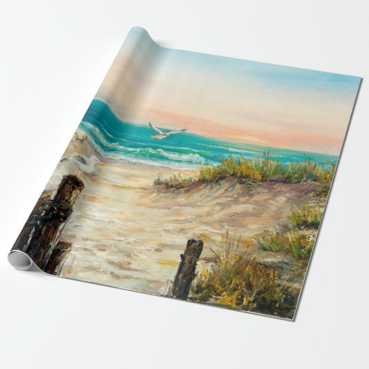  カモメを使った海ビーチ砂丘の油絵 ラッピングペーパー (アンロールド)