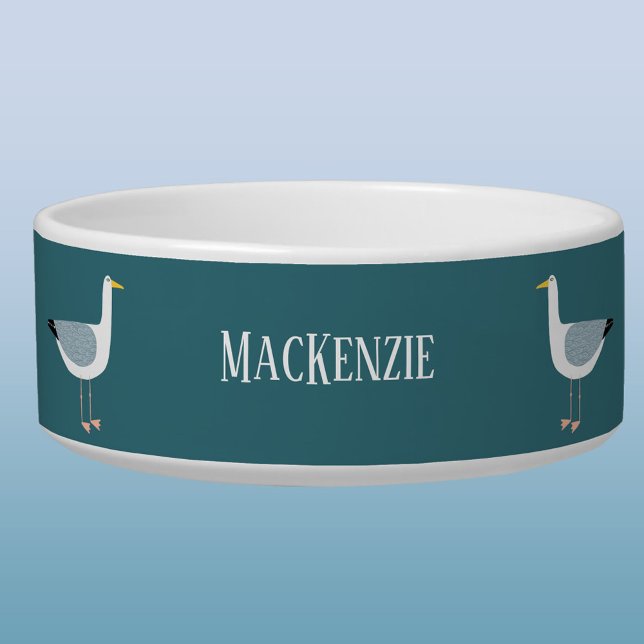 カモメ沿岸パーソナライズされたペット ボウル (Fun seagull coastal themed personalized name dog or pet bowl)
