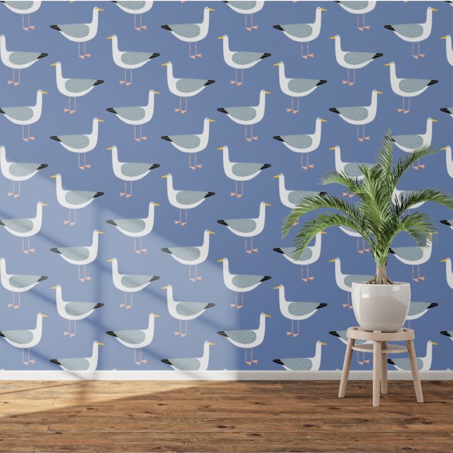 カモメ海沿い青 壁紙 (Fun seagull nautical coastal blue wallpaper)