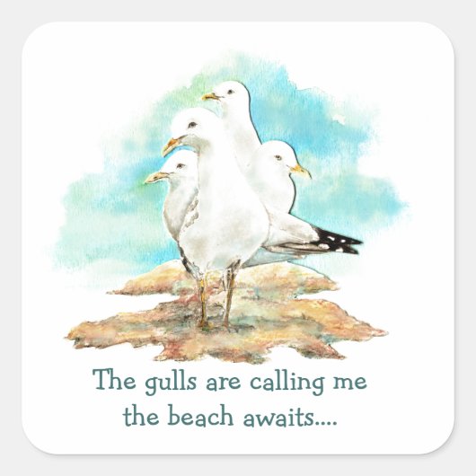 カモメ達は私をビーチがカモメを待っていると スクエアシール (正面)