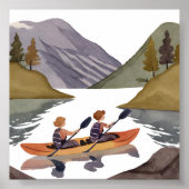 カヤックに乗る湖 | 山自然水色 ポスター (正面)