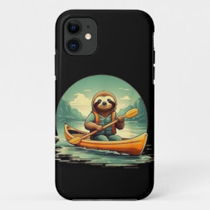 カヤックを楽しむナマケモノ、カヌーを愛する人向けの面白い動物のビンテージ柄 iPhone 11 ケース