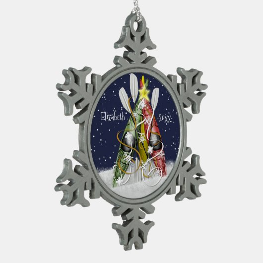 カヤッククリスマスツリーのカヤックギフトパーソナライズされた スノーフレークピューターオーナメント (左)