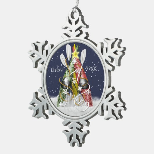 カヤッククリスマスツリーのカヤックギフトパーソナライズされた スノーフレークピューターオーナメント (右)