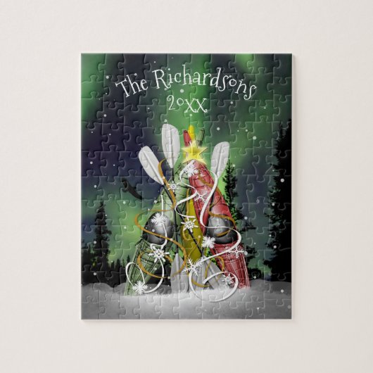 カヤッククリスマスツリーオーロラボレアリスファミリーネーム ジグソーパズル (縦)