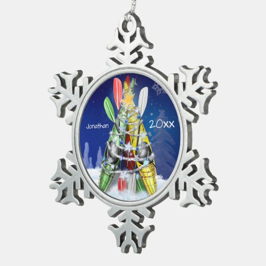 カヤッククリスマスツリー名前をカスタムすると年 スノーフレークピューターオーナメント (右)
