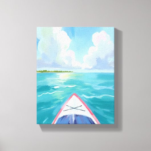 カヤック漕ぎ 湖 水彩画 青 キャンバスプリント (正面)
