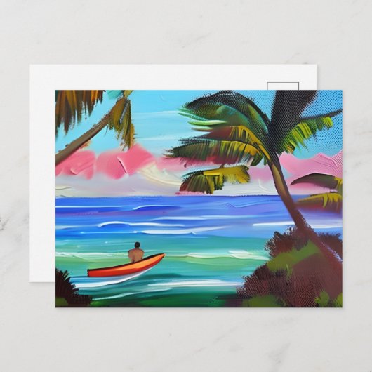 カヤック、ヤシの木と海 |ことわざこんにちは ポストカード (正面/裏面)
