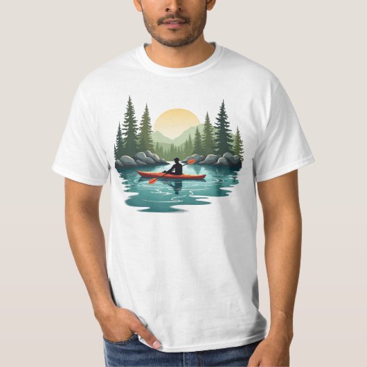 カヤック 湖 冒険 山 夕焼け アウトドア Tシャツ (正面)