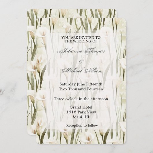 カラかわいらしリリーグリーンホワイトフローラズ結婚 招待状 (正面/裏面)