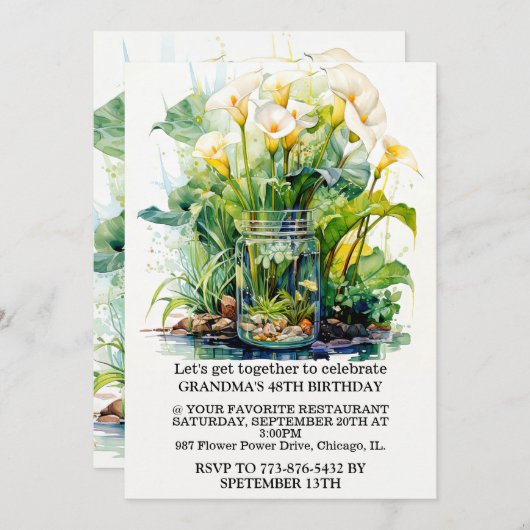 カラエレガントリリーイラストレーション誕生日パーティー 招待状 (正面/裏面)