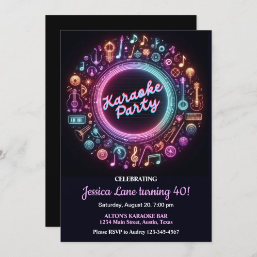 カラオケサプライズ誕生日 招待状 (正面/裏面)
