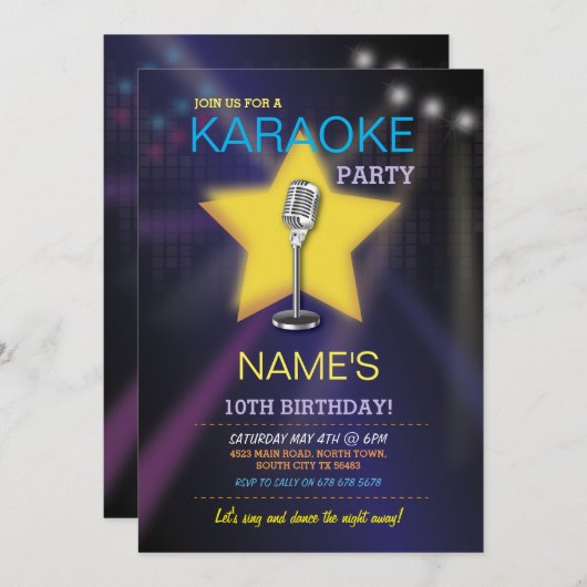 カラオケバースデーパーティダンススター招待状 招待状 (正面/裏面)