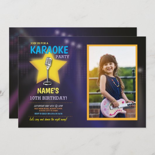 カラオケバースデーパーティーのダンススターフォト 招待状 (正面/裏面)