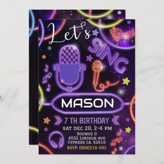 カラオケパーティーへのご招待!ミュージックカラオケパーティーです! 招待状 (正面/裏面)