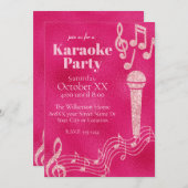 カラオケパーティーホットピンクグリッター楽譜 招待状 (正面/裏面)