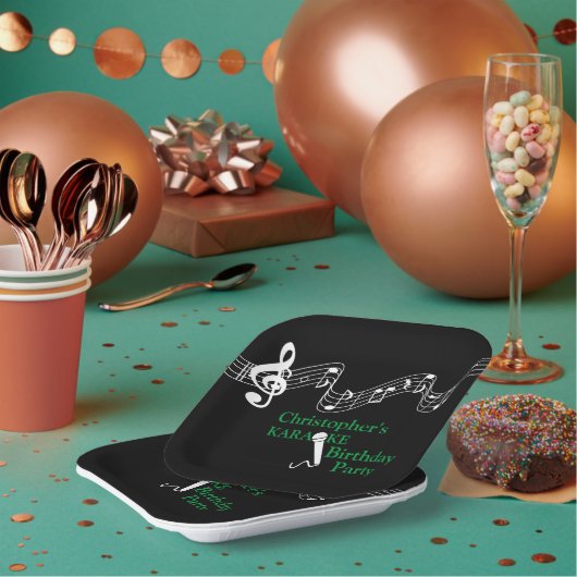 カラオケパーティーミュージカルスケールマイクグリーン ペーパープレート (複数)