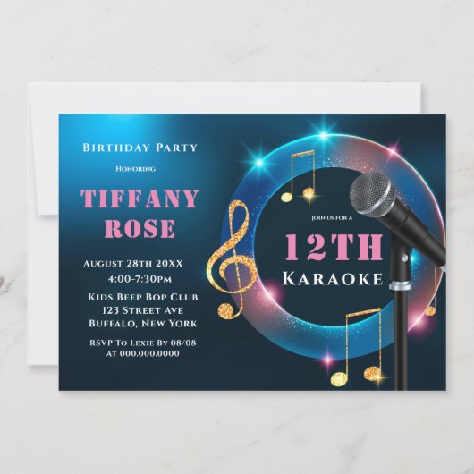 カラオケピンクと金ゴールド12thバースデーパーティー招待状 (正面)