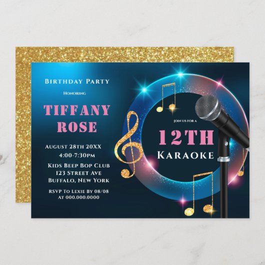カラオケピンクと金ゴールド12thバースデーパーティー招待状 (正面/裏面)