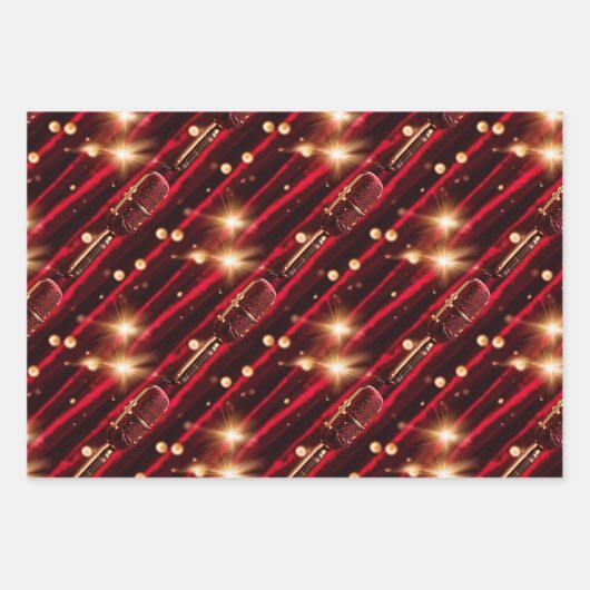 カラオケマイク黒い赤いビロードのカーテンを星にする ラッピングペーパーシート (正面)