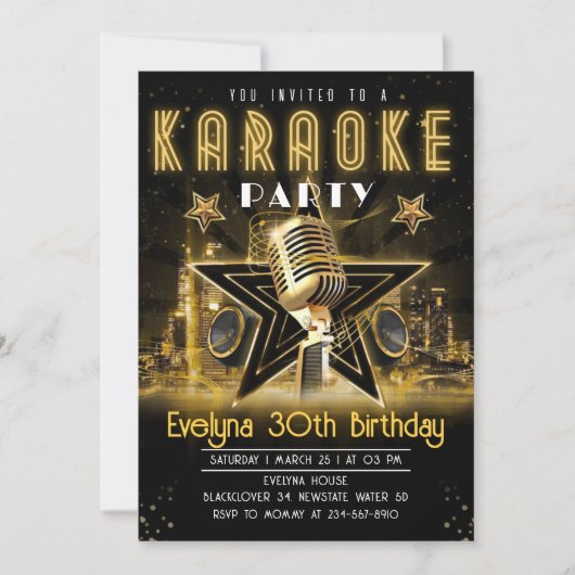 カラオケ金ゴールドナイトバースデーパーティーの招待状 招待状 (正面)
