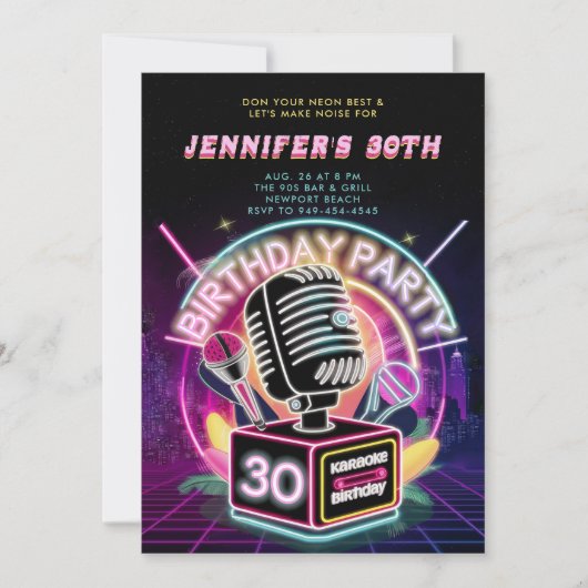 カラオケ90年代ネオングローミレニアル30歳の誕生日 招待状 (正面)