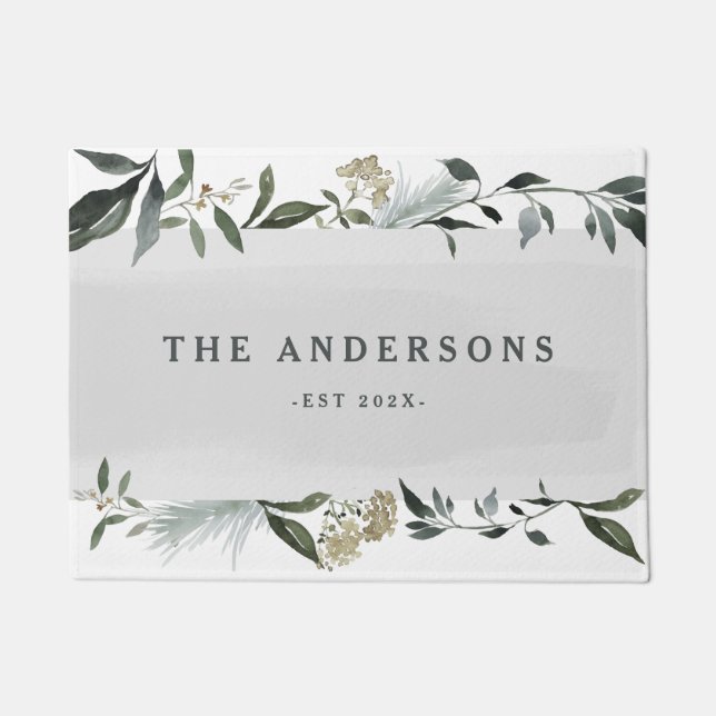 カラシとオリーブの水色の葉パーソナライズされた ドアマット (正面)