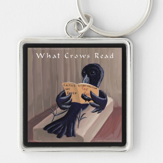 カラスが「黒烏(The Raven)を読む」面白グッズ キーホルダー (正面)