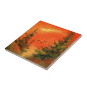 カラスとオレンジ色のサンライズ飛んでいるパイン タイル (側面)