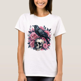 カラスとピンクのバラ 〜 ゴシック・スカル水彩画 Tシャツ