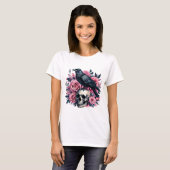 カラスとピンクのバラ 〜 ゴシック・スカル水彩画 Tシャツ (正面フル)