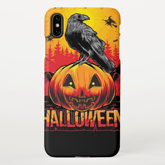 カラスと不気味なハロウィーンのカボチャの頭 iPhoneケース (裏面)